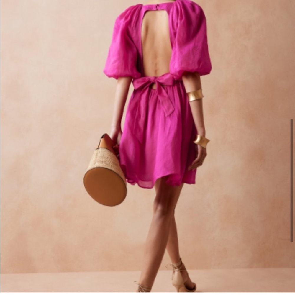 Banana Republic Pink Puff Sleeve Open Back Mini Dress Ramie Size M NWT - Picture 12 of 15